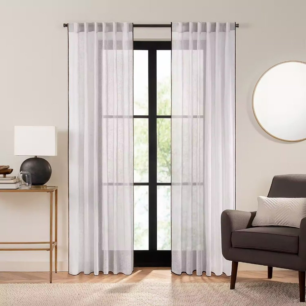 COPY - Fieldcrest Luxury Linen Border Stripe Sheer Rod Pocket Back Tab Single C…